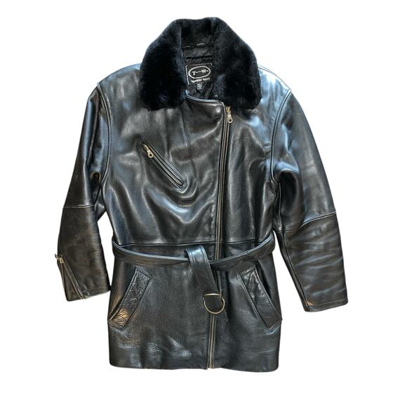 Tannery West 90s Black Leather Faux Fur Trim Coat size Small - Picture 2 of 15